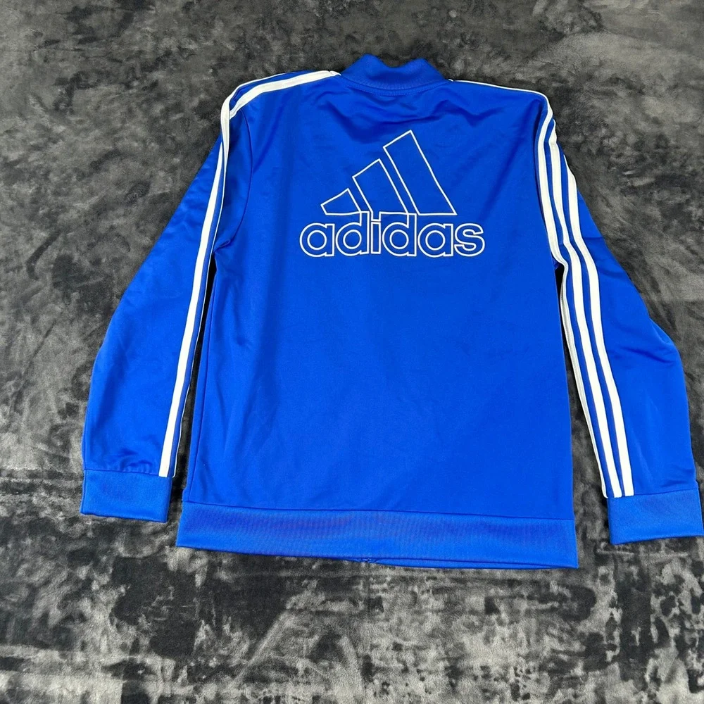 Adidas Track Jacket Youth XL Blue 3-Stripe Full Zip Large Back Logo Graphic